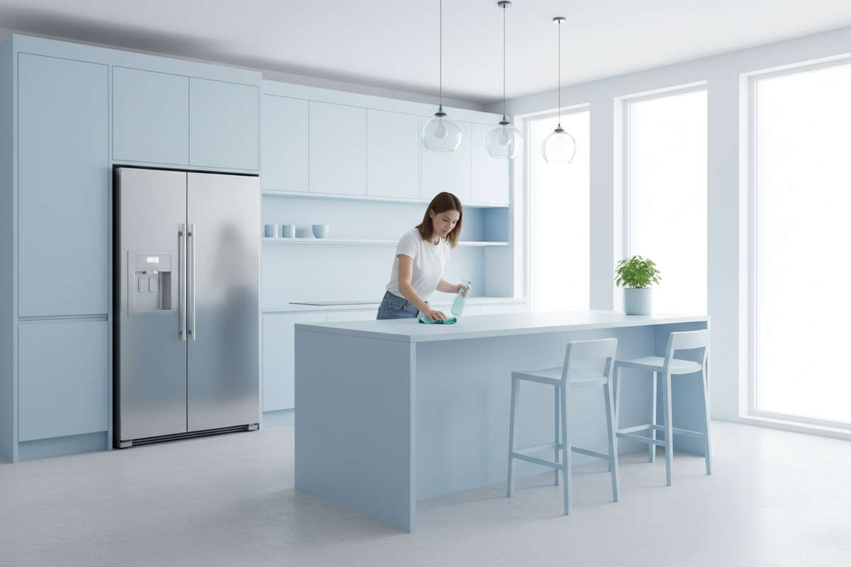 Hydro-E Disinfectant being used to wipe down a kitchen benchtop